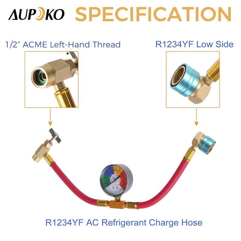 Aupoko R1234YF Refrigerant Charge Hose Kit with Gauge, 1/2â€ LH Self-sealing Can Opener Tap, 14mm R1234YF Low Side Quick Coupler, Air Condition Refrigerant Charging Pipe and Gauge - Image 3